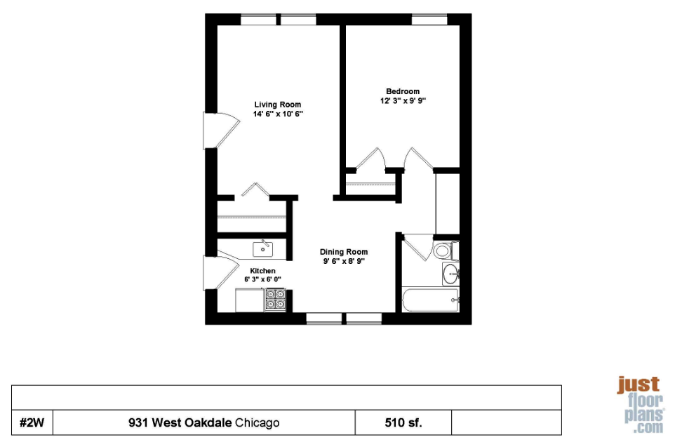 Floor plan for 1 bed, 1 bath, 410 sqft